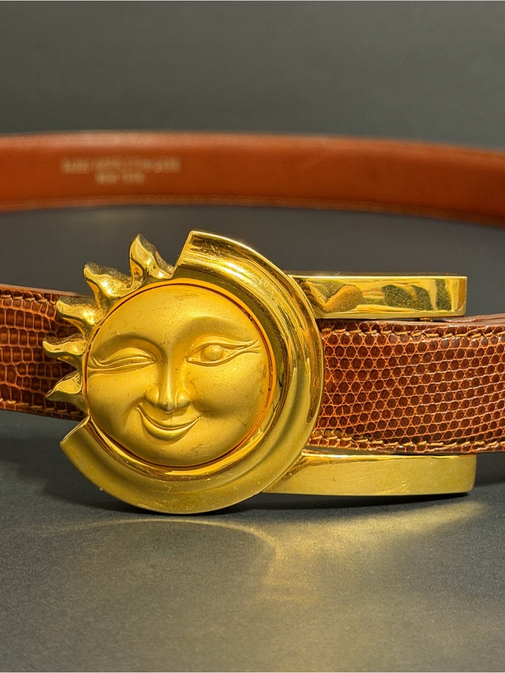 Barry Kieselstein-Cord Brown Lizard Sun moon  Buckle Dress Belt Size 2 vintage